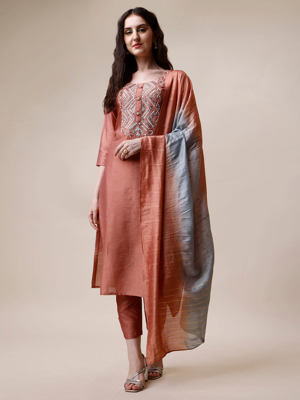Hand Embroidered Kurta With Pant And Dupatta Set, Multicolor - Hiral Fashion - Distacart