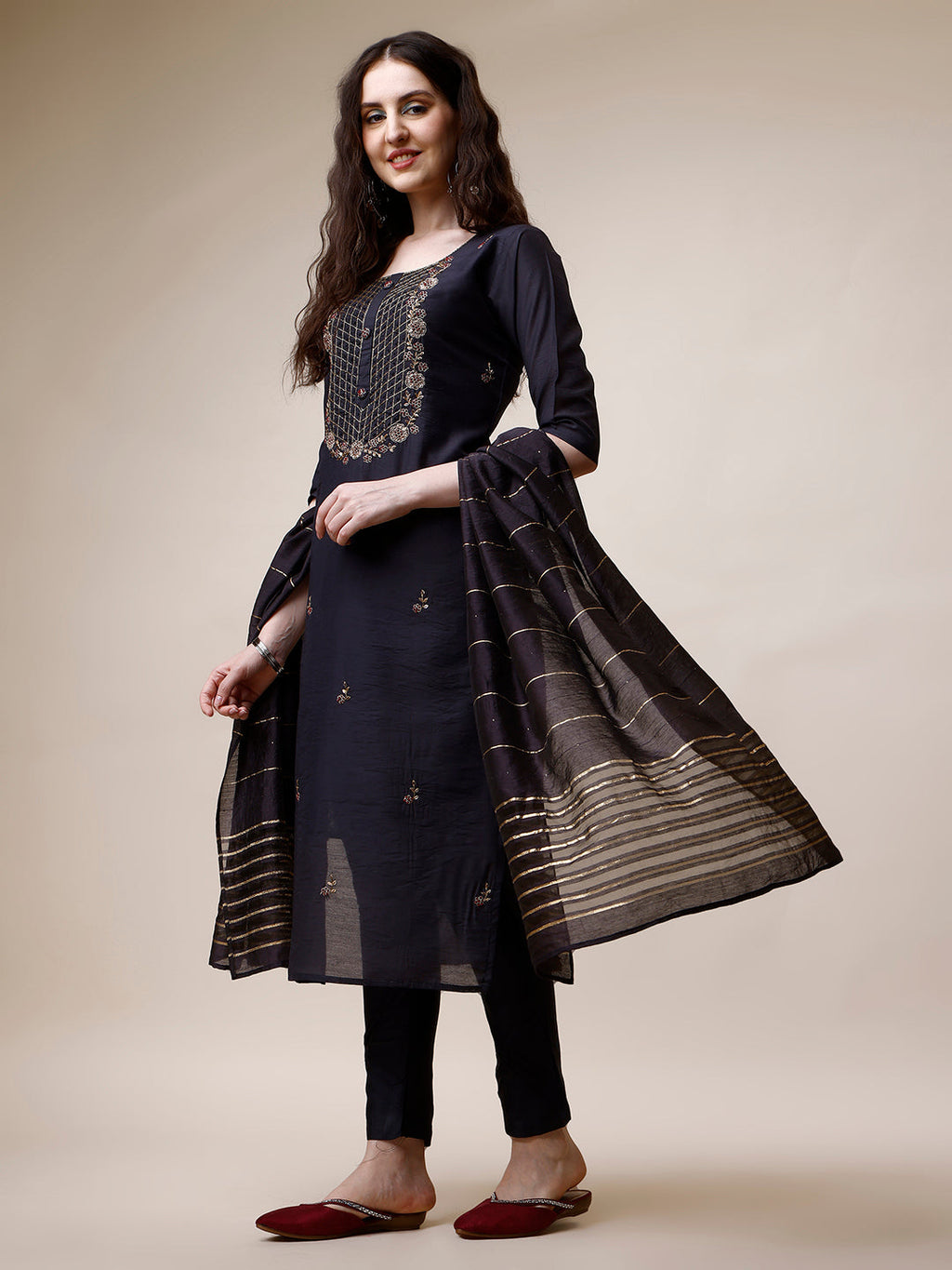 Embroidered Kurta With Pant And Dupatta Set, Multicolor - Hiral Fashion - Distacart