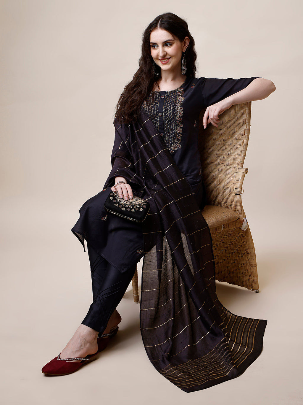 Embroidered Kurta With Pant And Dupatta Set, Multicolor - Hiral Fashion - Distacart