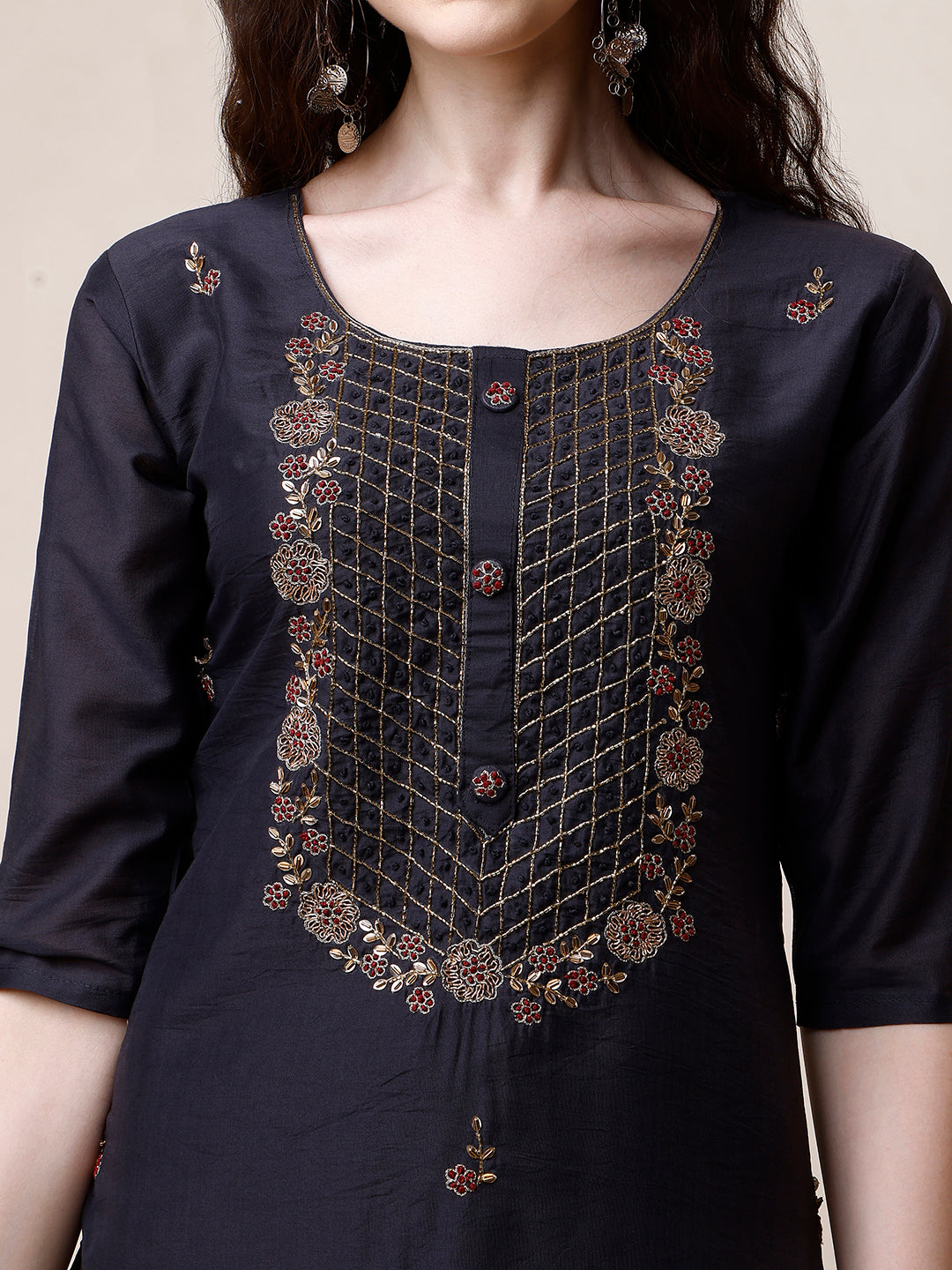 Embroidered Kurta With Pant And Dupatta Set, Multicolor - Hiral Fashion - Distacart