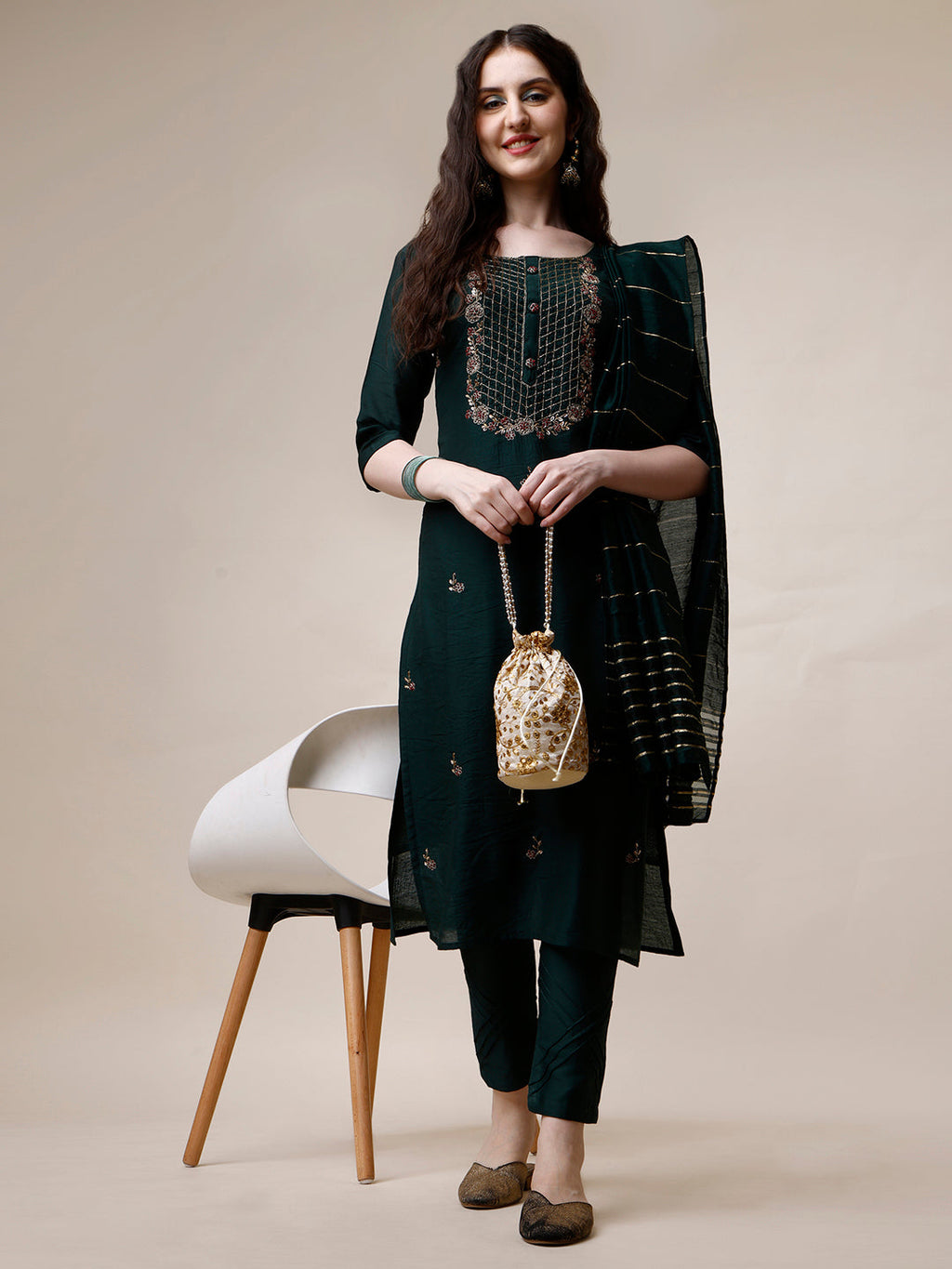 Embroidered Kurta With Pant And Dupatta Set, Multicolor - Hiral Fashion - Distacart