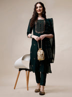 Embroidered Kurta With Pant And Dupatta Set, Multicolor - Hiral Fashion - Distacart