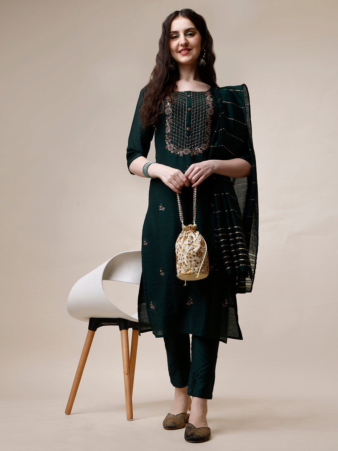 Embroidered Kurta With Pant And Dupatta Set, Multicolor - Hiral Fashion - Distacart