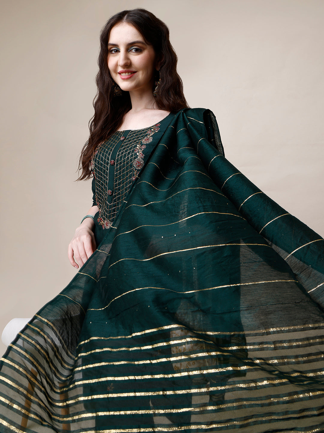 Embroidered Kurta With Pant And Dupatta Set, Multicolor - Hiral Fashion - Distacart