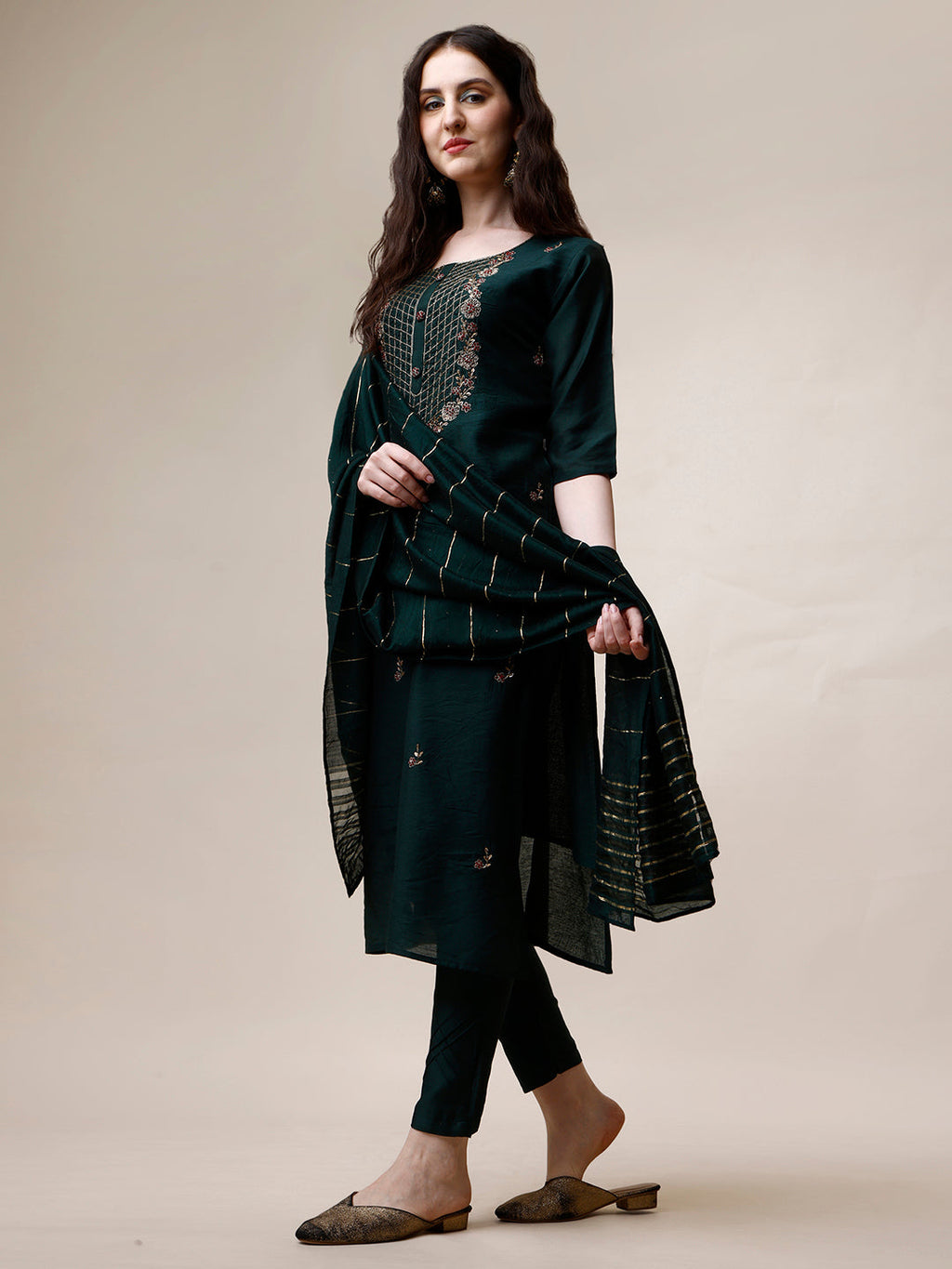 Embroidered Kurta With Pant And Dupatta Set, Multicolor - Hiral Fashion - Distacart