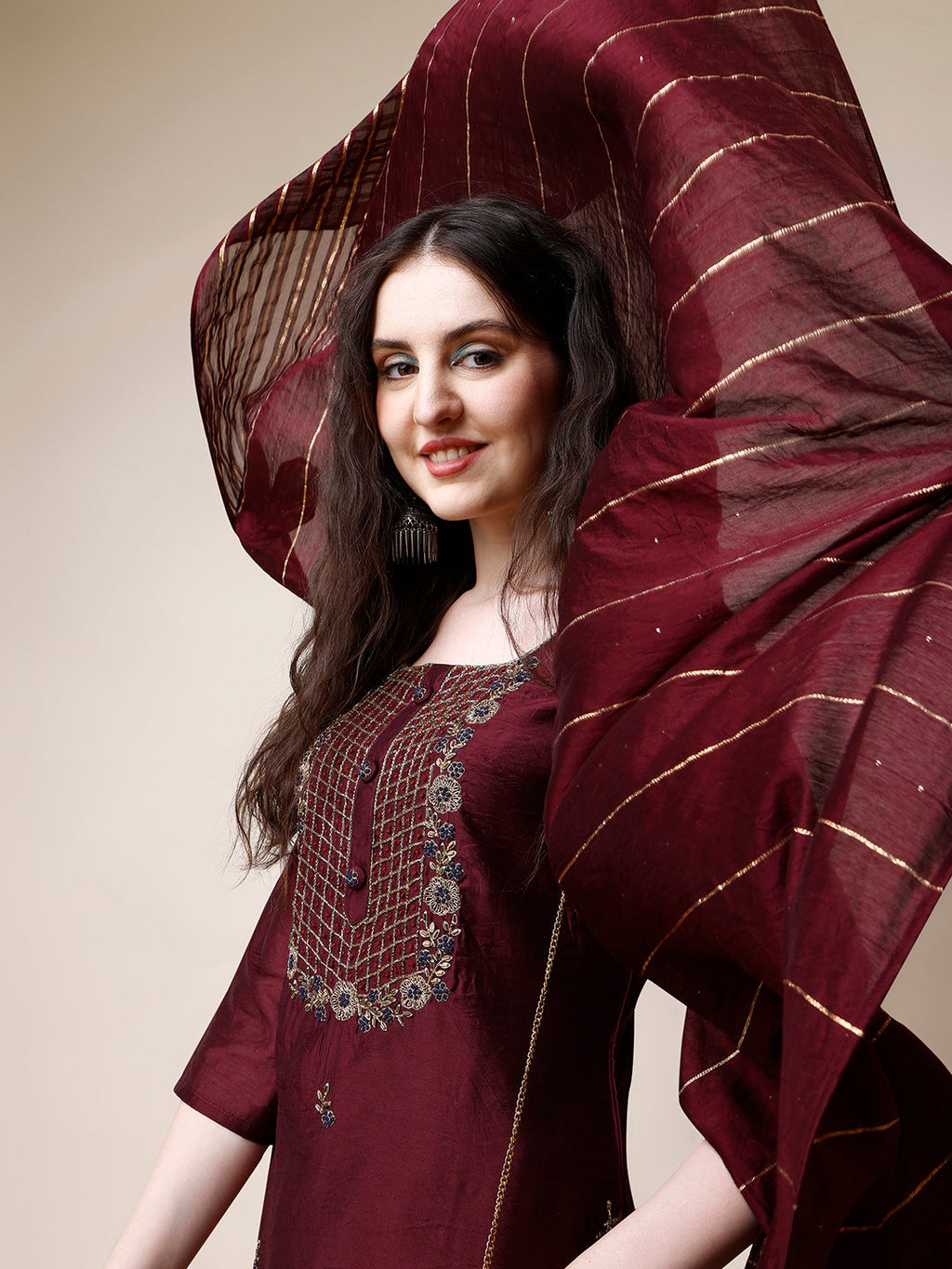 Embroidered Kurta With Pant And Dupatta Set, Multicolor - Hiral Fashion - Distacart