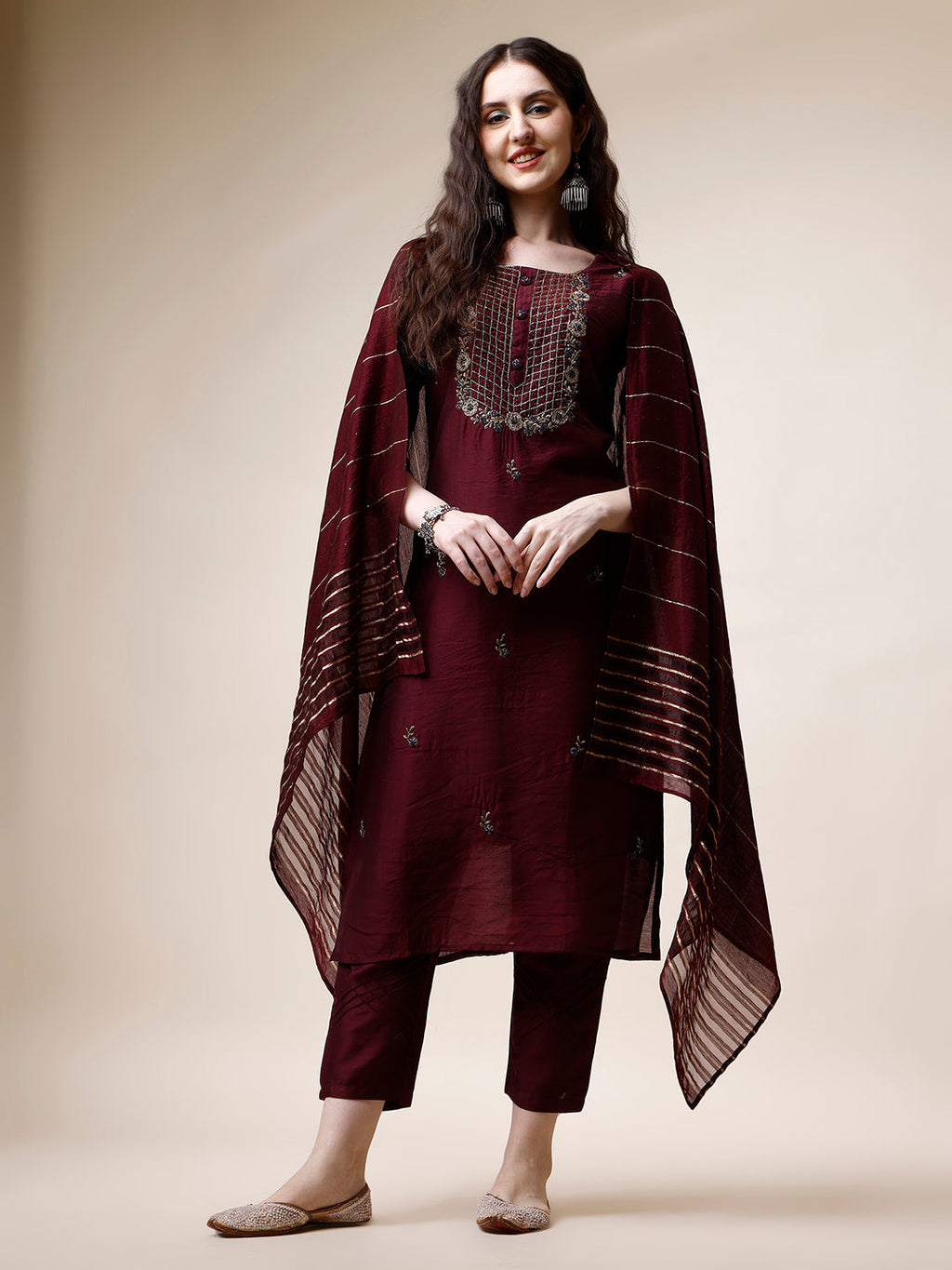 Embroidered Kurta With Pant And Dupatta Set, Multicolor - Hiral Fashion - Distacart