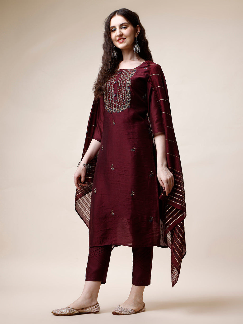 Embroidered Kurta With Pant And Dupatta Set, Multicolor - Hiral Fashion - Distacart
