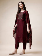 Embroidered Kurta With Pant And Dupatta Set, Multicolor - Hiral Fashion - Distacart