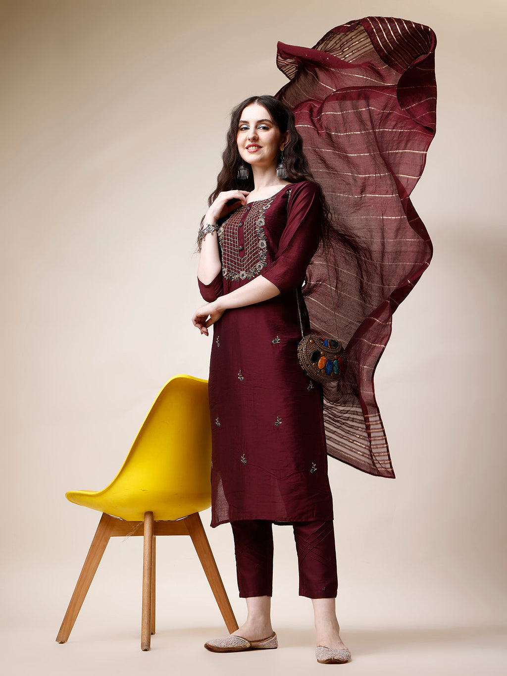 Embroidered Kurta With Pant And Dupatta Set, Multicolor - Hiral Fashion - Distacart