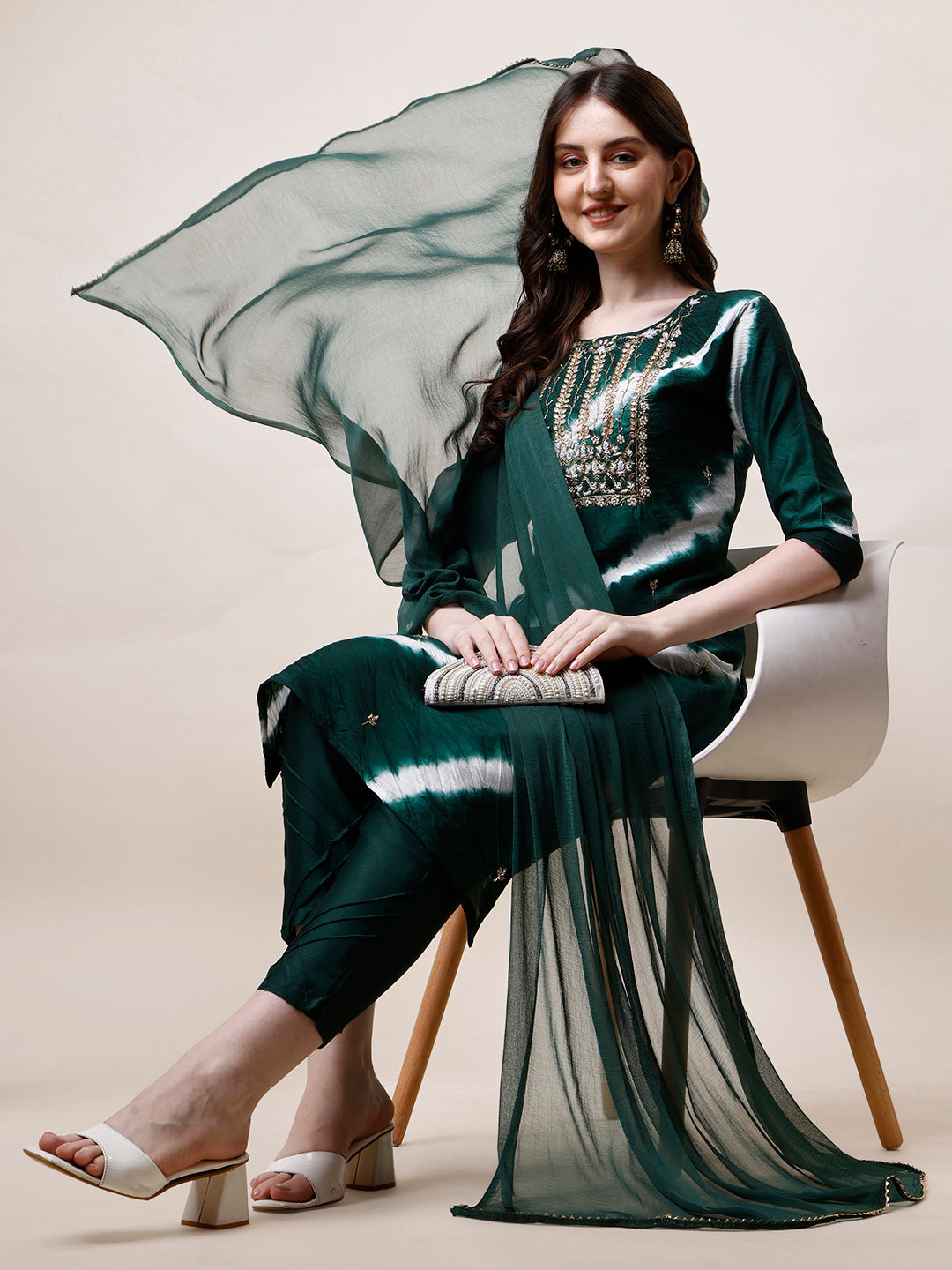Embroidered And Leheriya Printed Kurta With Pant And Dupatta Set, Multicolor - Hiral Fashion - Distacart