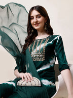 Embroidered And Leheriya Printed Kurta With Pant And Dupatta Set, Multicolor - Hiral Fashion - Distacart