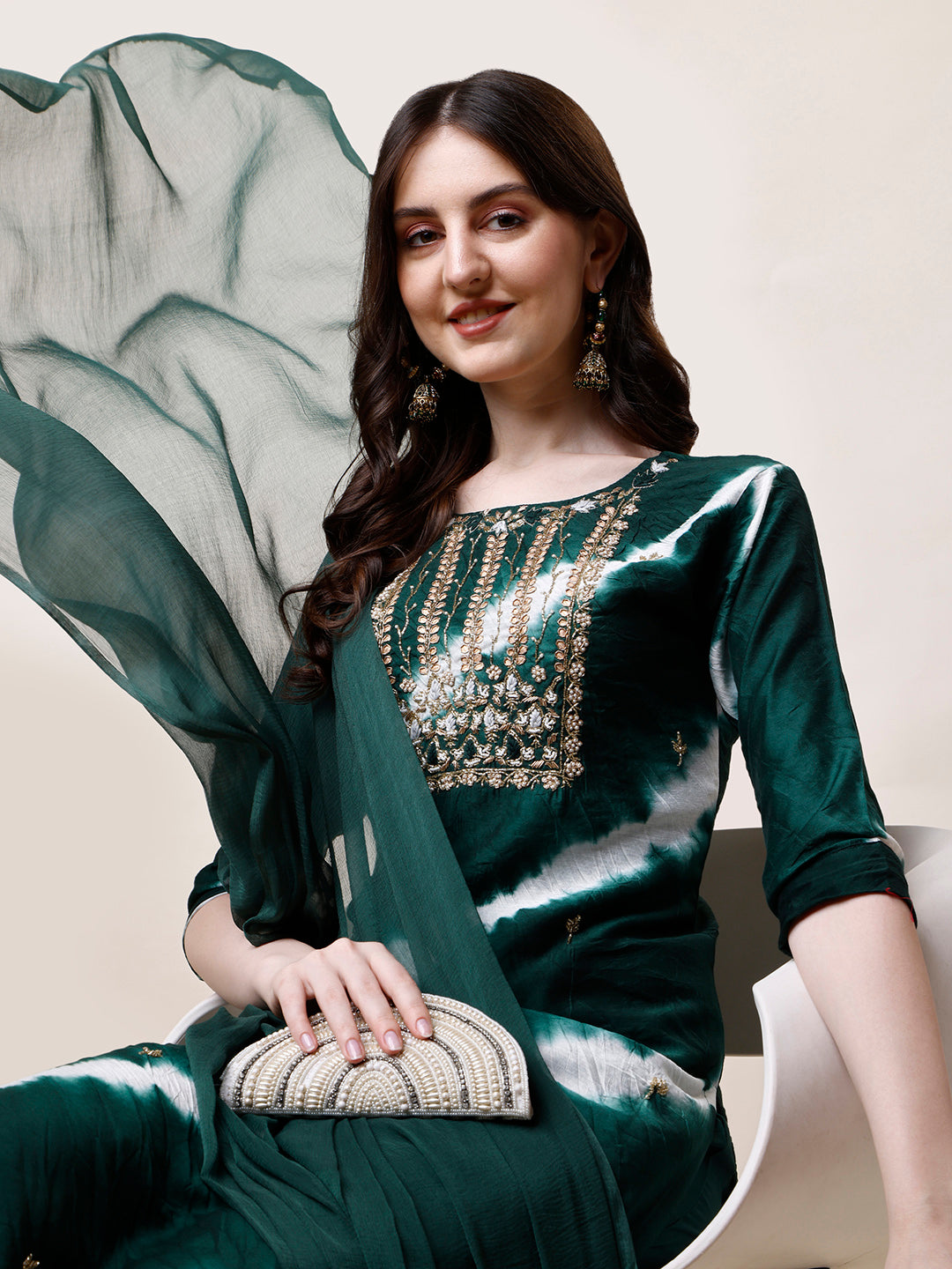 Embroidered And Leheriya Printed Kurta With Pant And Dupatta Set, Multicolor - Hiral Fashion - Distacart