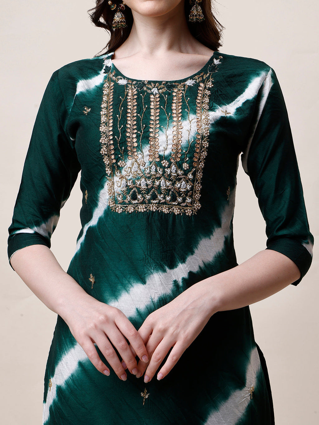 Embroidered And Leheriya Printed Kurta With Pant And Dupatta Set, Multicolor - Hiral Fashion - Distacart