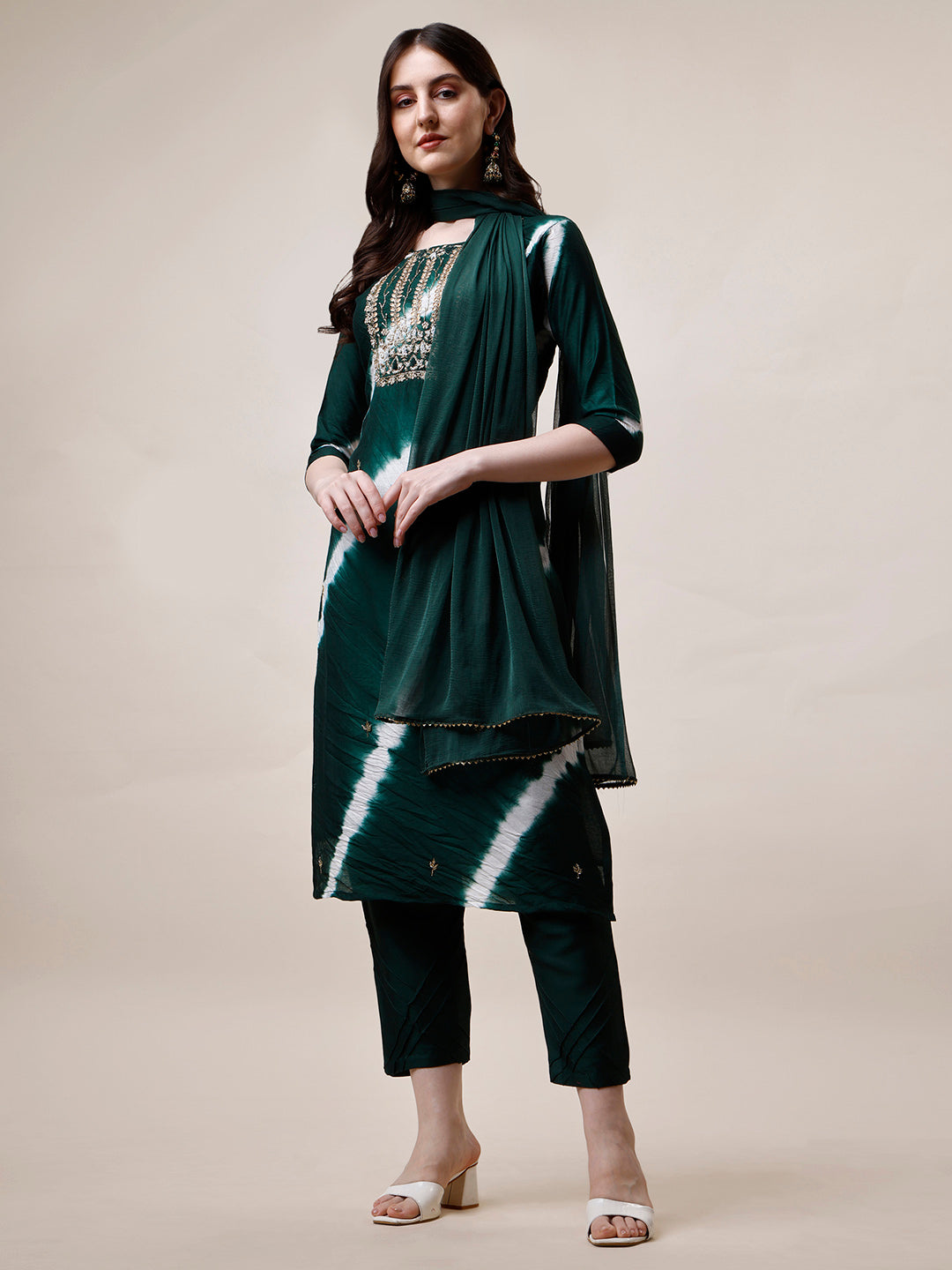 Embroidered And Leheriya Printed Kurta With Pant And Dupatta Set, Multicolor - Hiral Fashion - Distacart