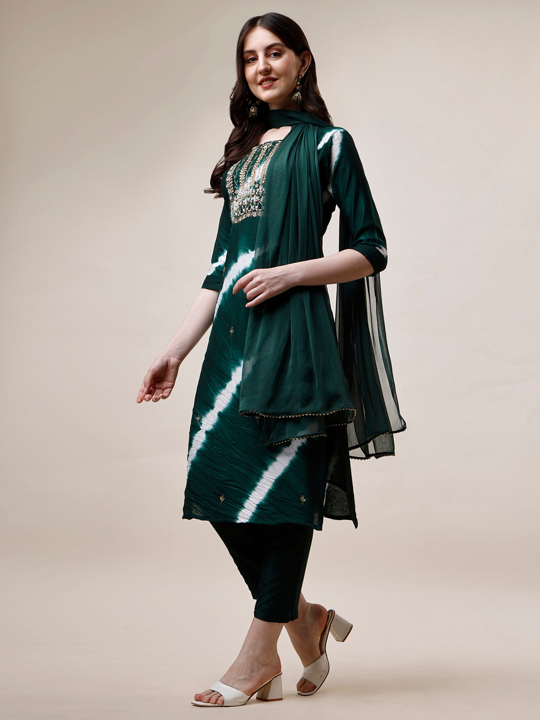 Embroidered And Leheriya Printed Kurta With Pant And Dupatta Set, Multicolor - Hiral Fashion - Distacart