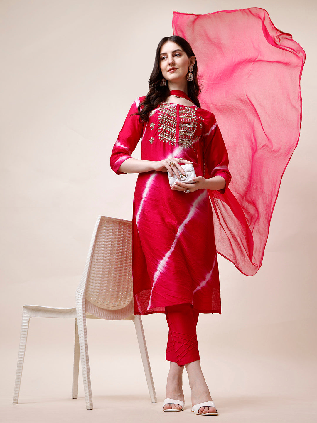 Embroidered And Leheriya Printed Kurta With Pant And Dupatta Set, Multicolor - Hiral Fashion - Distacart