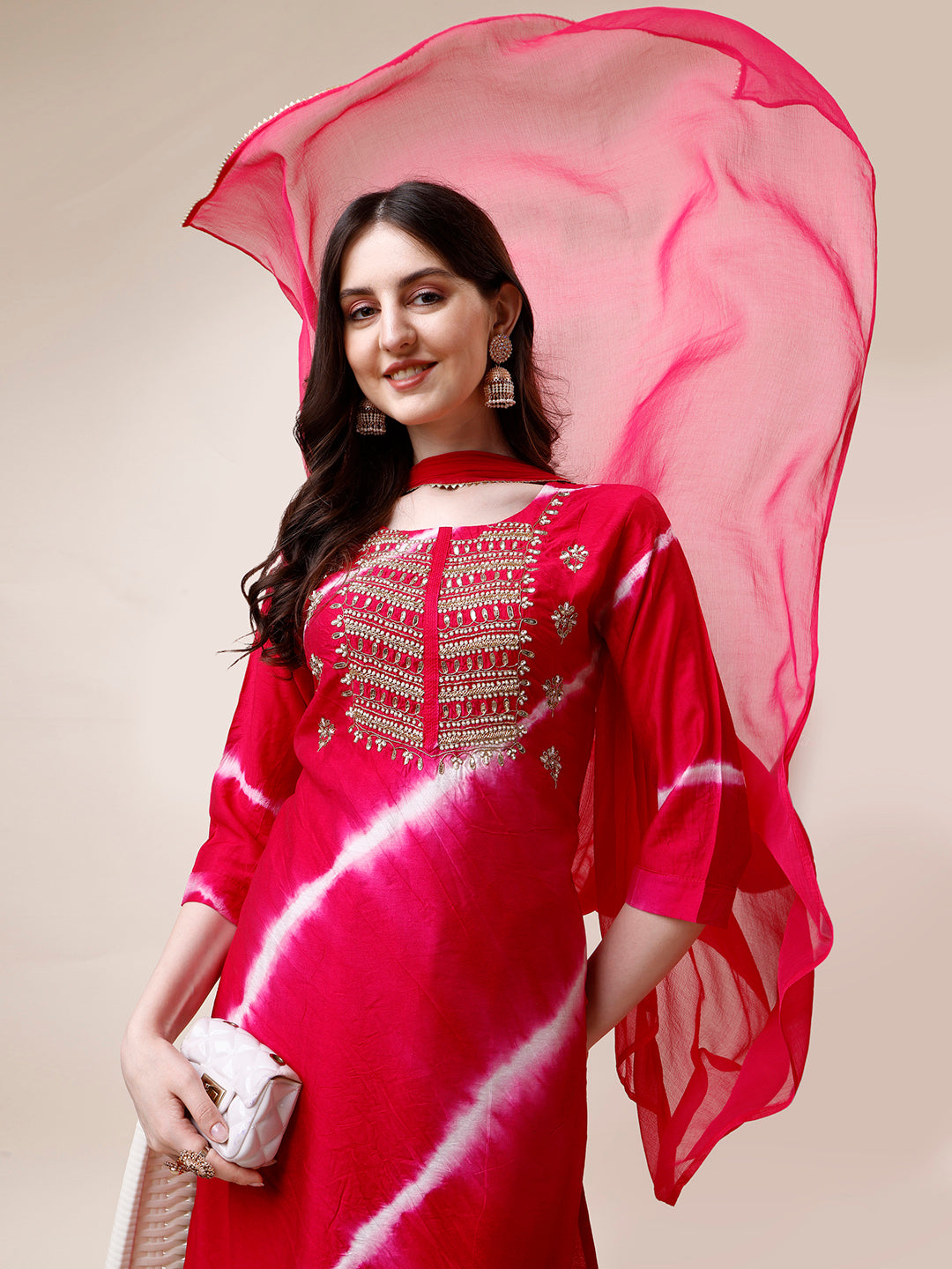 Embroidered And Leheriya Printed Kurta With Pant And Dupatta Set, Multicolor - Hiral Fashion - Distacart