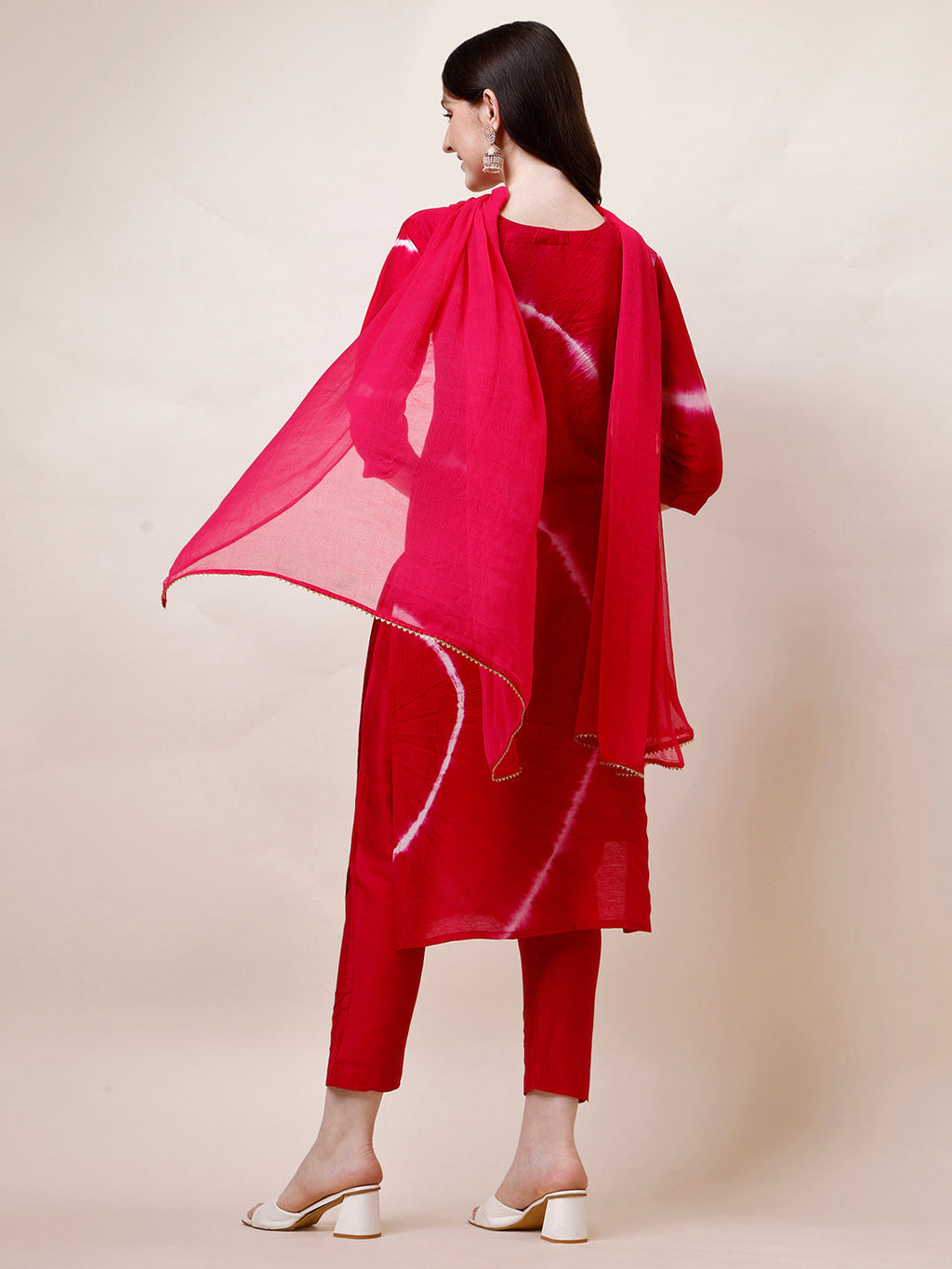 Embroidered And Leheriya Printed Kurta With Pant And Dupatta Set, Multicolor - Hiral Fashion - Distacart