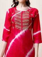 Embroidered And Leheriya Printed Kurta With Pant And Dupatta Set, Multicolor - Hiral Fashion - Distacart