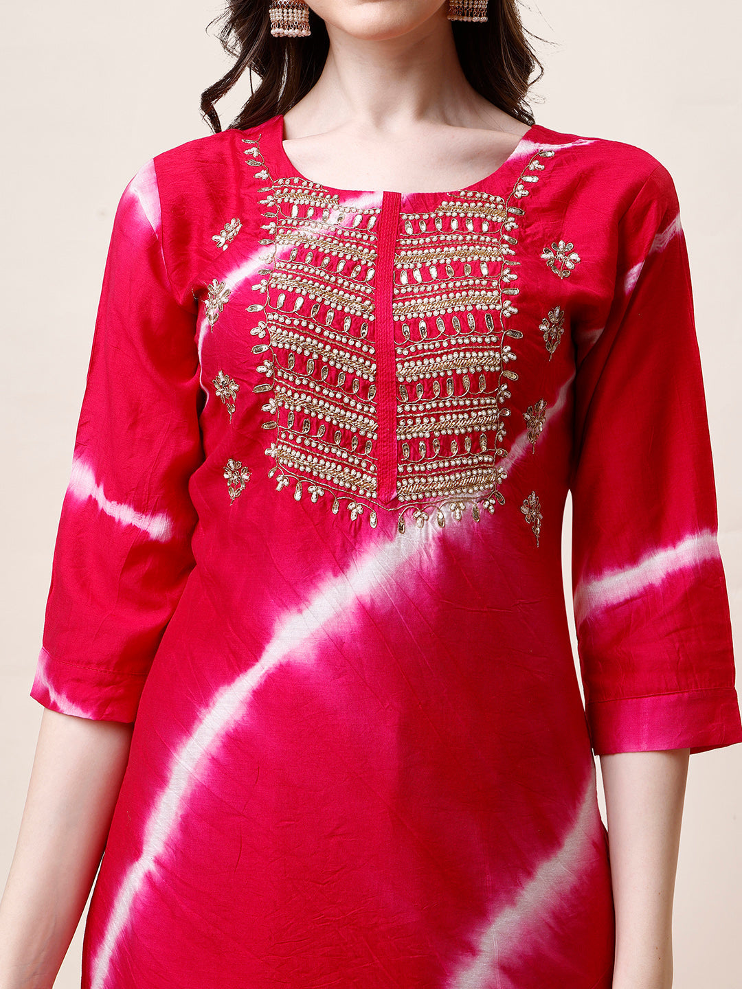 Embroidered And Leheriya Printed Kurta With Pant And Dupatta Set, Multicolor - Hiral Fashion - Distacart
