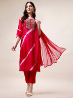 Embroidered And Leheriya Printed Kurta With Pant And Dupatta Set, Multicolor - Hiral Fashion - Distacart