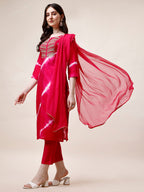 Embroidered And Leheriya Printed Kurta With Pant And Dupatta Set, Multicolor - Hiral Fashion - Distacart