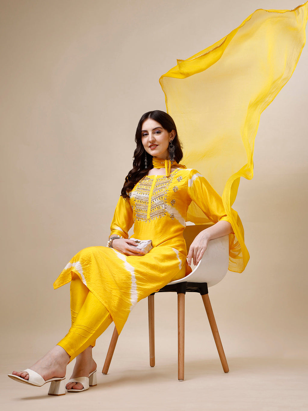 Embroidered And Leheriya Printed Kurta With Pant And Dupatta Set, Multicolor - Hiral Fashion - Distacart