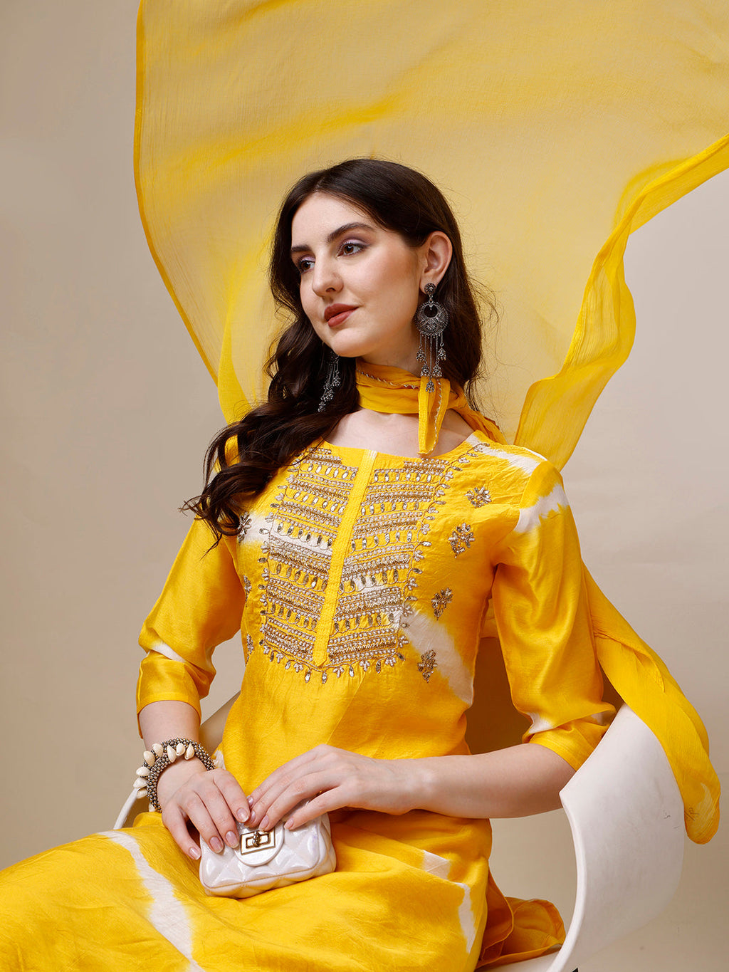 Embroidered And Leheriya Printed Kurta With Pant And Dupatta Set, Multicolor - Hiral Fashion - Distacart