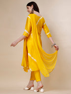 Embroidered And Leheriya Printed Kurta With Pant And Dupatta Set, Multicolor - Hiral Fashion - Distacart