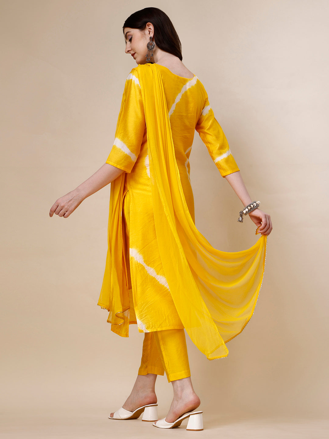 Embroidered And Leheriya Printed Kurta With Pant And Dupatta Set, Multicolor - Hiral Fashion - Distacart