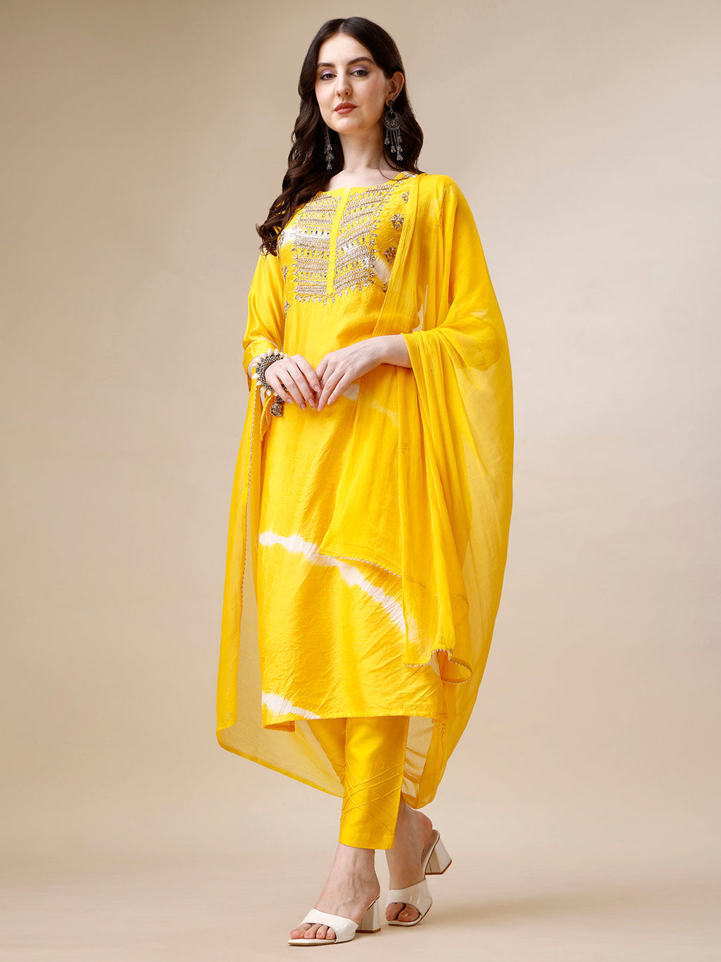 Embroidered And Leheriya Printed Kurta With Pant And Dupatta Set, Multicolor - Hiral Fashion - Distacart
