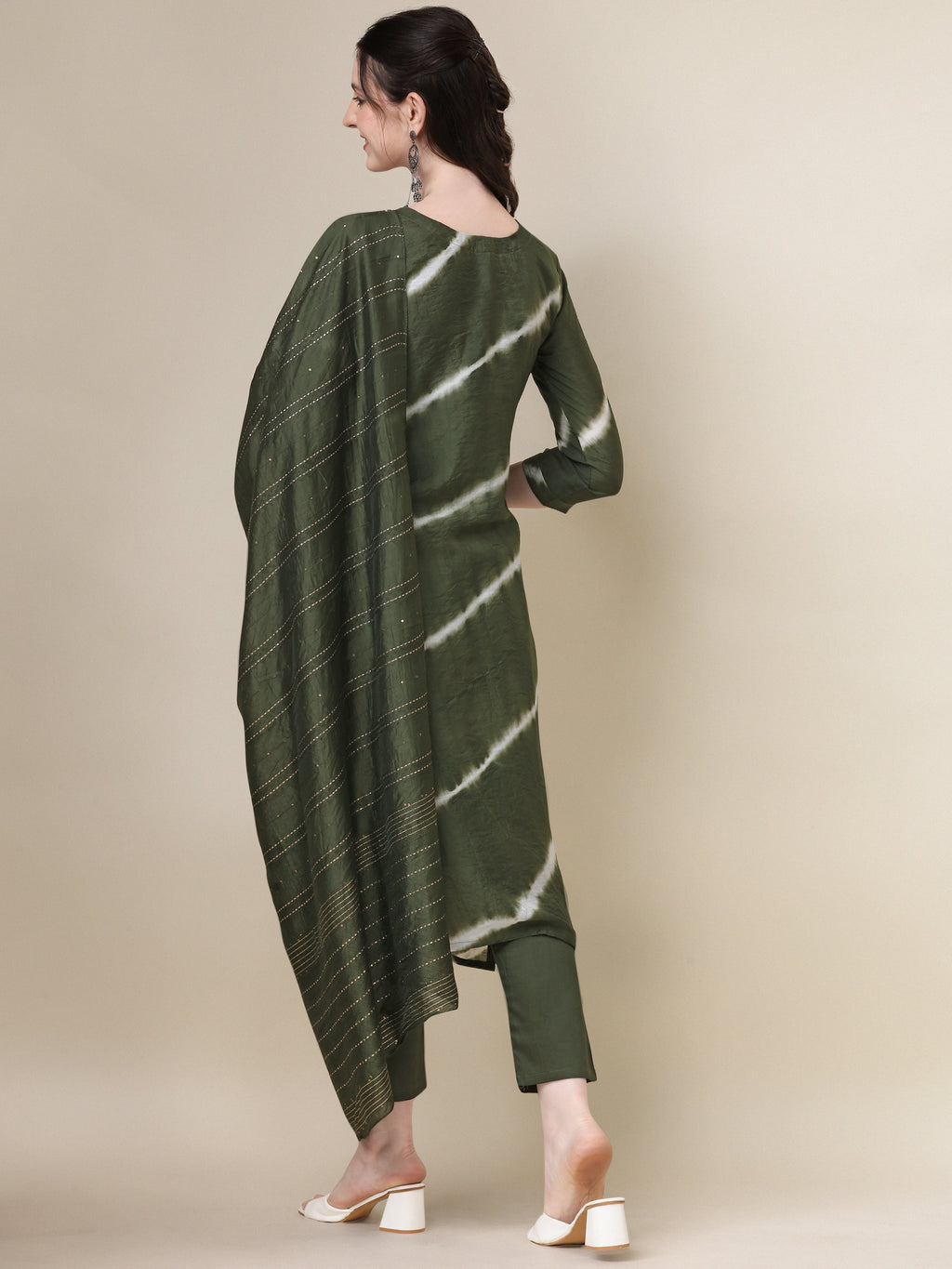 Leheriya Printed & Hand Embroidered Kurta With Pant & Dupatta Set, Multicolor - Hiral Fashion - Distacart