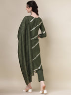 Leheriya Printed & Hand Embroidered Kurta With Pant & Dupatta Set, Multicolor - Hiral Fashion - Distacart