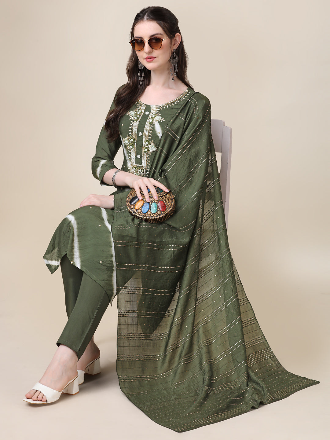 Leheriya Printed & Hand Embroidered Kurta With Pant & Dupatta Set, Multicolor - Hiral Fashion - Distacart