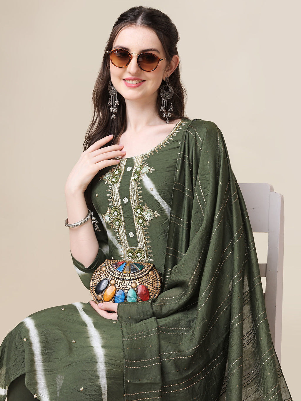 Leheriya Printed & Hand Embroidered Kurta With Pant & Dupatta Set, Multicolor - Hiral Fashion - Distacart