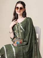 Leheriya Printed & Hand Embroidered Kurta With Pant & Dupatta Set, Multicolor - Hiral Fashion - Distacart