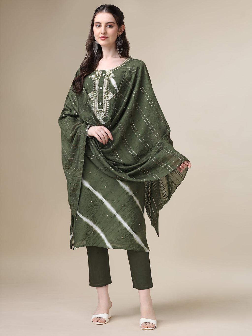 Leheriya Printed & Hand Embroidered Kurta With Pant & Dupatta Set, Multicolor - Hiral Fashion - Distacart