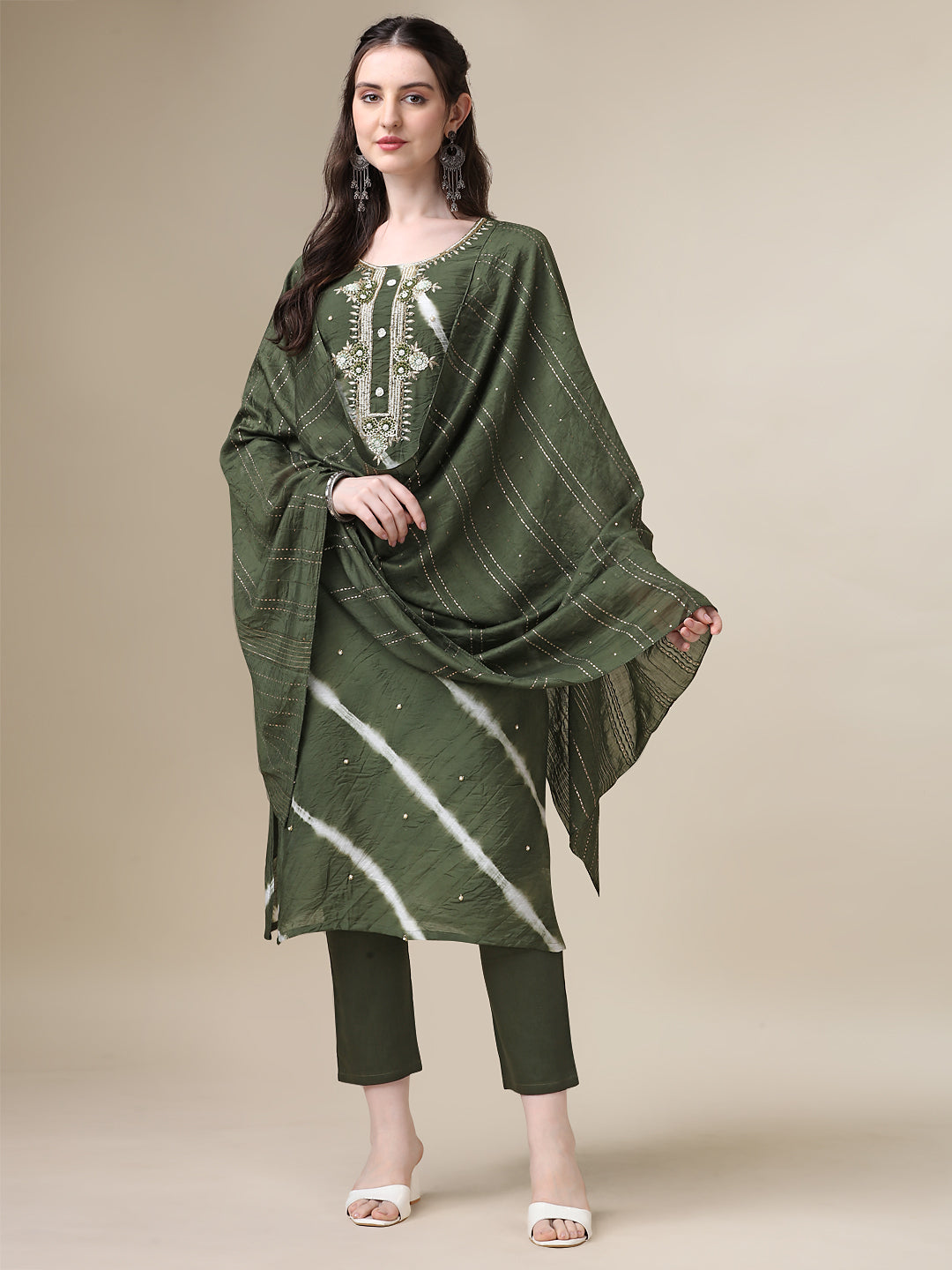 Leheriya Printed & Hand Embroidered Kurta With Pant & Dupatta Set, Multicolor - Hiral Fashion - Distacart