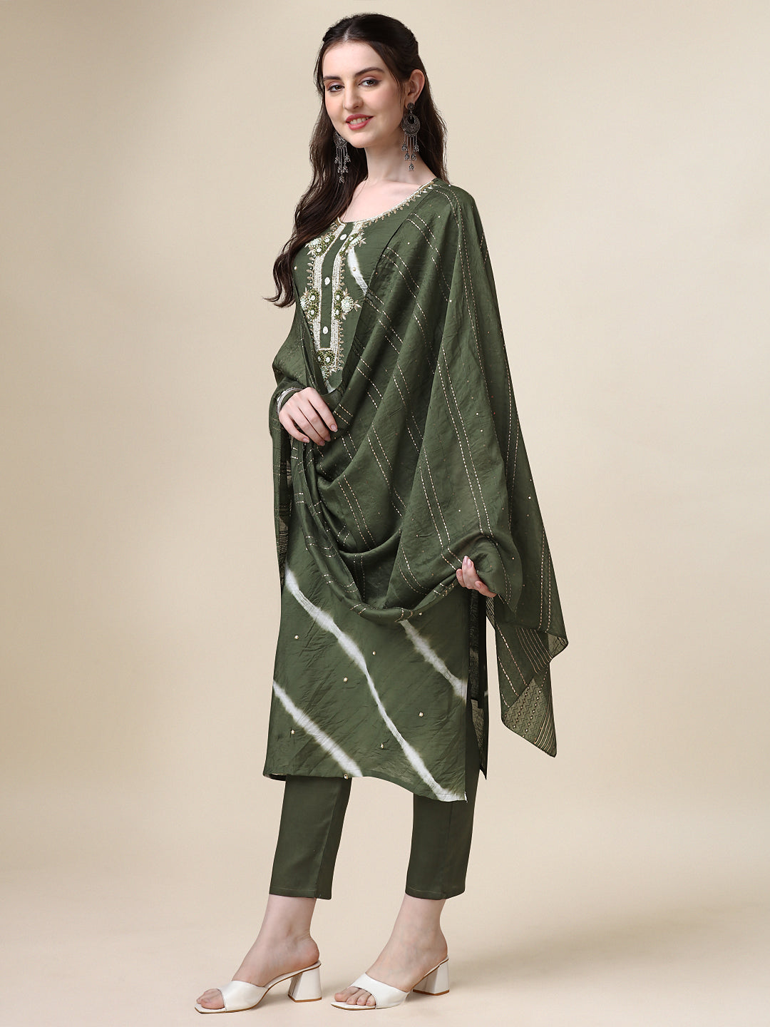 Leheriya Printed & Hand Embroidered Kurta With Pant & Dupatta Set, Multicolor - Hiral Fashion - Distacart