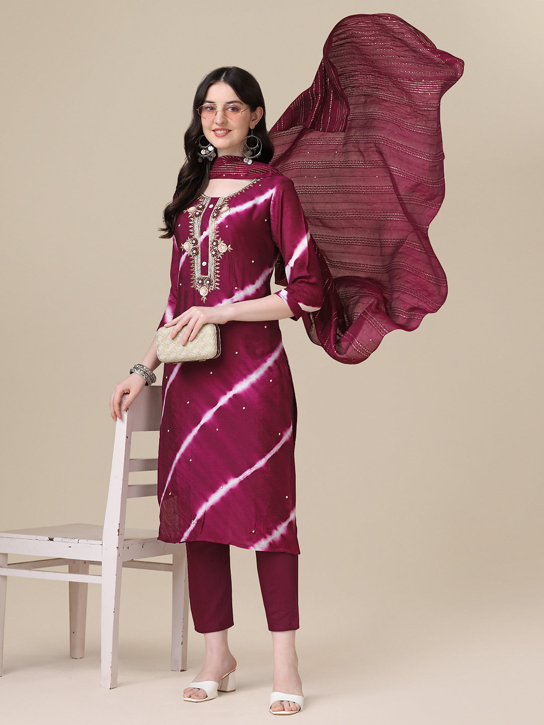Leheriya Printed & Hand Embroidered Kurta With Pant & Dupatta Set, Multicolor - Hiral Fashion - Distacart