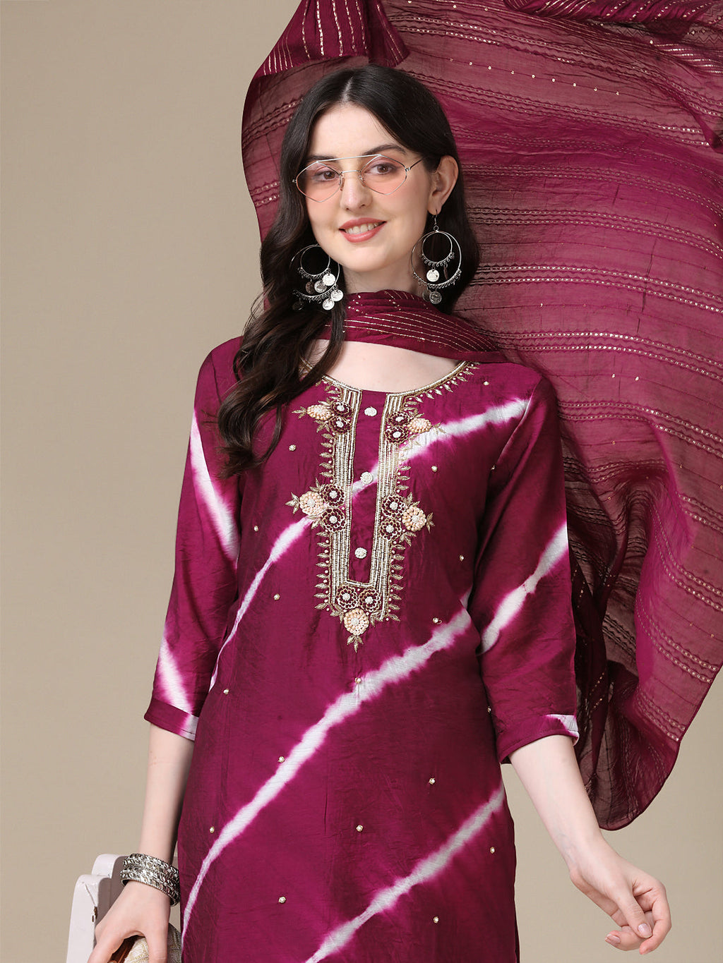 Leheriya Printed & Hand Embroidered Kurta With Pant & Dupatta Set, Multicolor - Hiral Fashion - Distacart