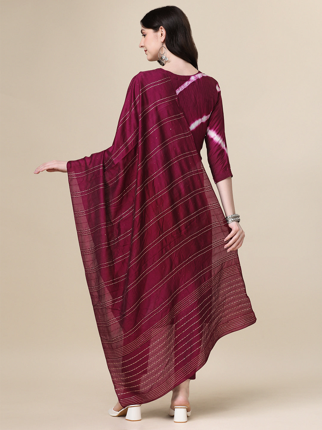 Leheriya Printed & Hand Embroidered Kurta With Pant & Dupatta Set, Multicolor - Hiral Fashion - Distacart