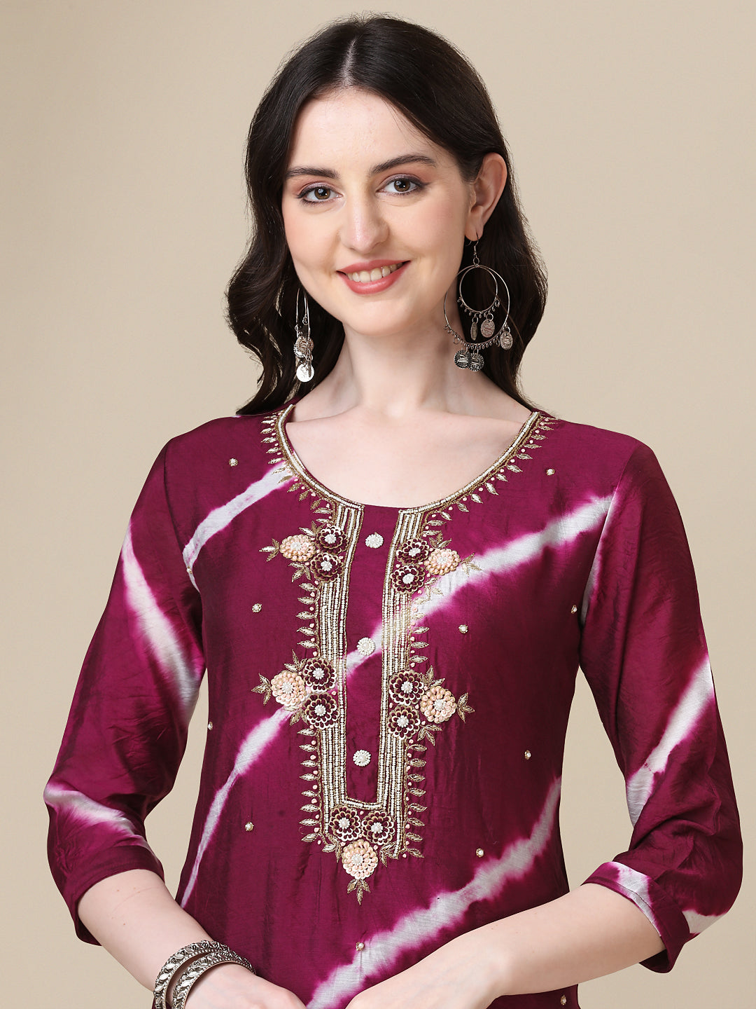 Leheriya Printed & Hand Embroidered Kurta With Pant & Dupatta Set, Multicolor - Hiral Fashion - Distacart