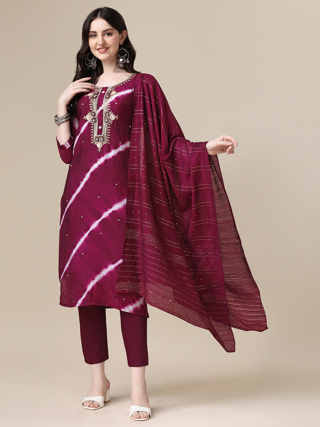 Leheriya Printed & Hand Embroidered Kurta With Pant & Dupatta Set, Multicolor - Hiral Fashion - Distacart
