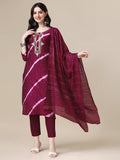 Leheriya Printed & Hand Embroidered Kurta With Pant & Dupatta Set, Multicolor - Hiral Fashion - Distacart