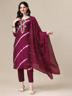 Leheriya Printed & Hand Embroidered Kurta With Pant & Dupatta Set, Multicolor - Hiral Fashion - Distacart