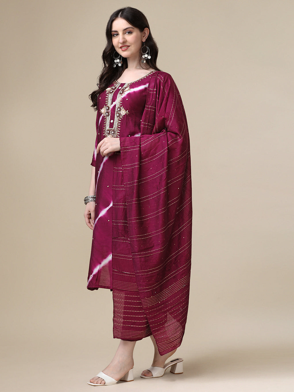 Leheriya Printed & Hand Embroidered Kurta With Pant & Dupatta Set, Multicolor - Hiral Fashion - Distacart
