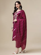 Leheriya Printed & Hand Embroidered Kurta With Pant & Dupatta Set, Multicolor - Hiral Fashion - Distacart