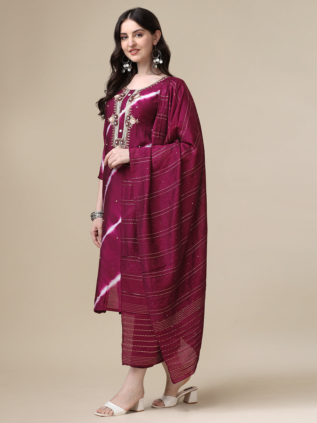 Leheriya Printed & Hand Embroidered Kurta With Pant & Dupatta Set, Multicolor - Hiral Fashion - Distacart